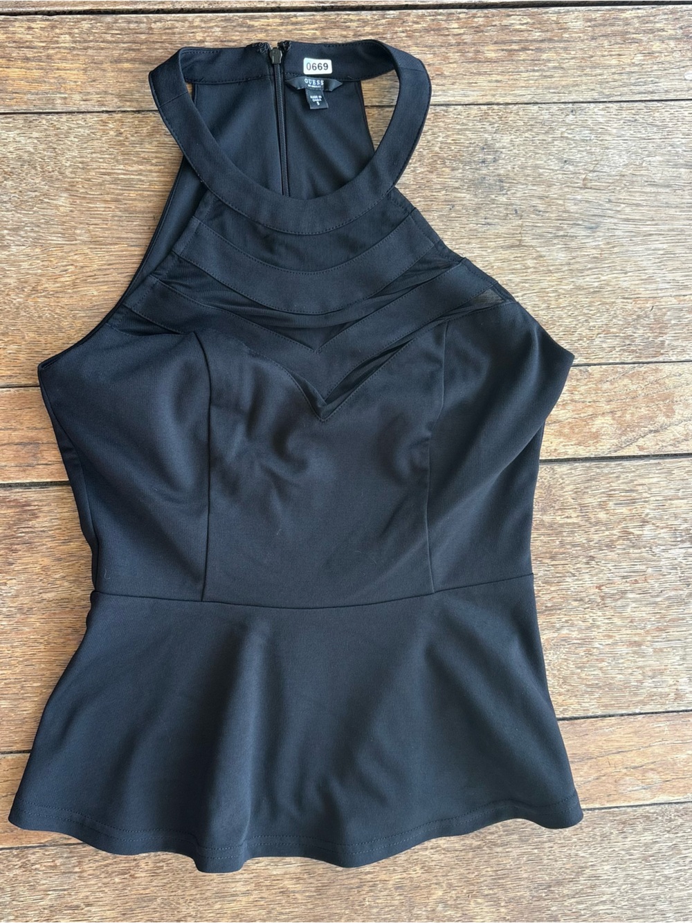 Guess Black Peplum Top with Mesh Yoke Small 0669
